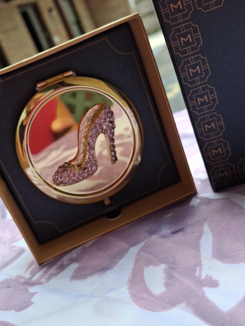 Monet Gold-Tone Compact Mirror with Pink Crystal High Heel